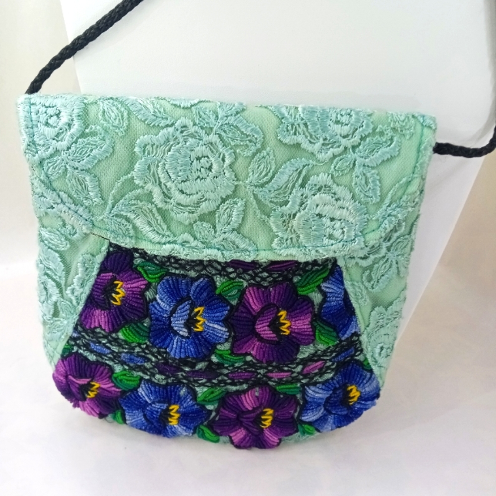 Mini Embroidered Quilted Purse Crossbody Bag Teal Floral Bohemian